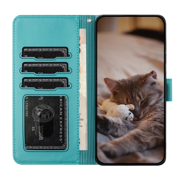 For iPhone 16 Cat Embossing Pattern Leather Phone Case with Lanyard(Blue) For iPhone 16 Cat Embossing Pattern Leather Phone Case with Lanyard(Blue)
