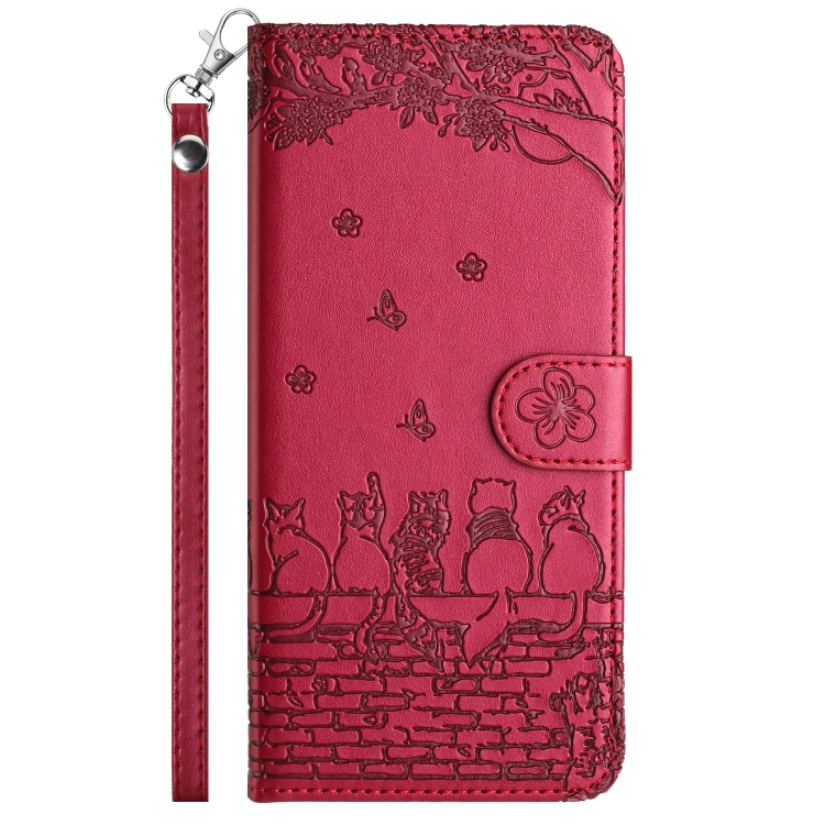 For Samsung Galaxy S23+ Cat Embossing Pattern Leather Phone Case with Lanyard(Red)
