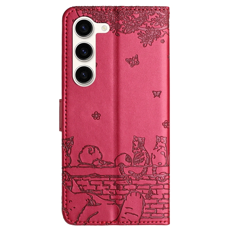 For Samsung Galaxy S23+ Cat Embossing Pattern Leather Phone Case with Lanyard(Red)