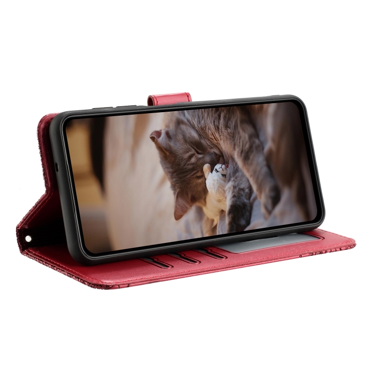 For Samsung Galaxy S23+ Cat Embossing Pattern Leather Phone Case with Lanyard(Red)