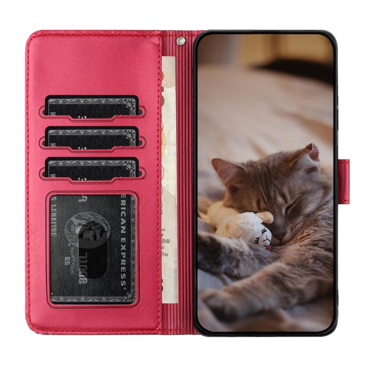 For Samsung Galaxy S23+ Cat Embossing Pattern Leather Phone Case with Lanyard(Red)
