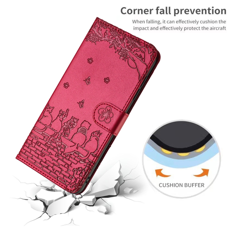 For Samsung Galaxy S23+ Cat Embossing Pattern Leather Phone Case with Lanyard(Red)