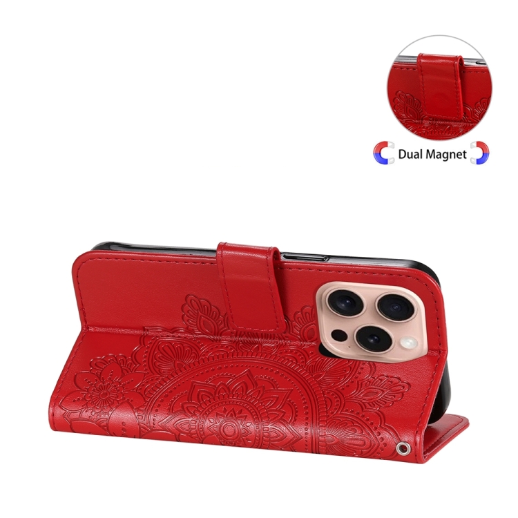 For iPhone 16 Pro Seven-petal Flowers Embossing Leather Phone Case(Red) For iPhone 16 Pro Seven-petal Flowers Embossing Leather Phone Case(Red)
