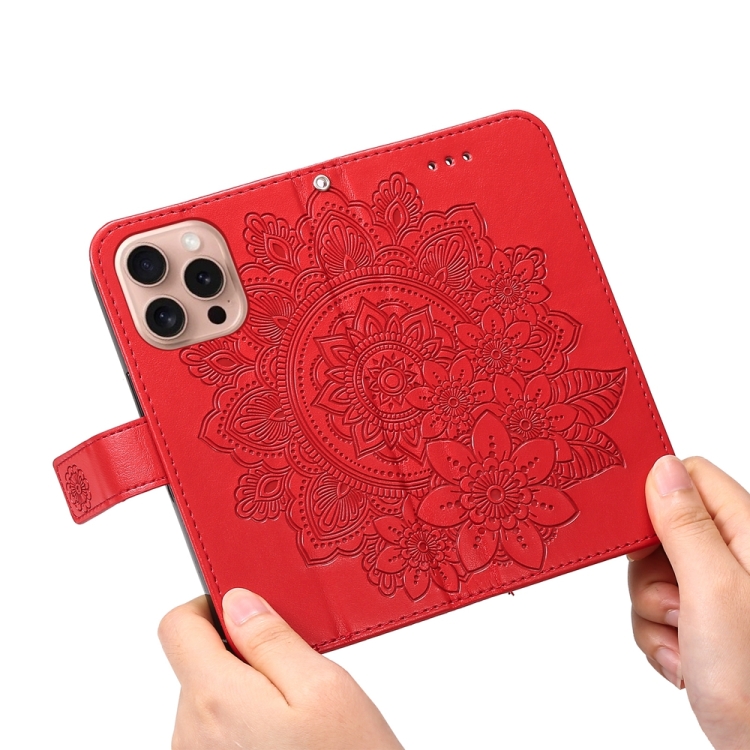 For iPhone 16 Pro Seven-petal Flowers Embossing Leather Phone Case(Red) For iPhone 16 Pro Seven-petal Flowers Embossing Leather Phone Case(Red)