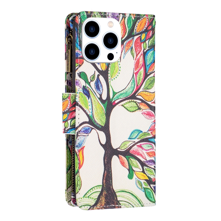 For iPhone 15 Pro Colored Drawing Pattern Zipper Phone Leather Case(Tree) For iPhone 15 Pro Colored Drawing Pattern Zipper Phone Leather Case(Tree)