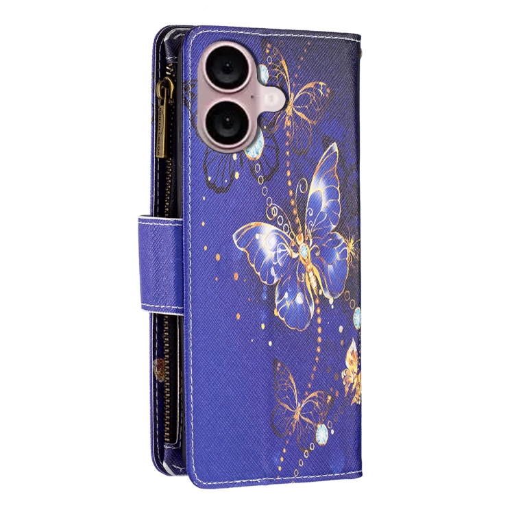 For iPhone 16 Colored Drawing Pattern Zipper Phone Leather Case(Purple Butterfly) For iPhone 16 Colored Drawing Pattern Zipper Phone Leather Case(Purple Butterfly)