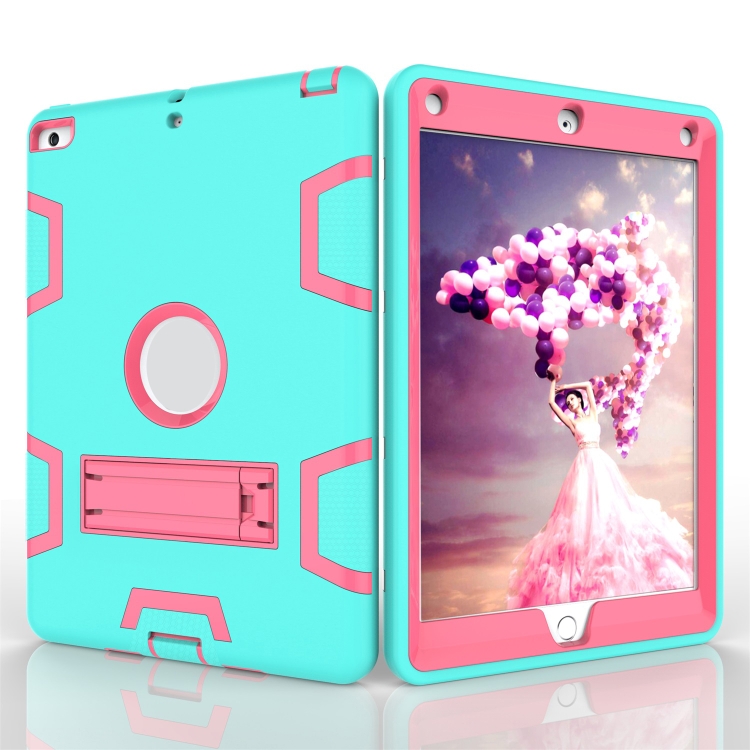 For iPad Air Shockproof PC + Silicone Protective Case，with Holder(Green Rose) - 1