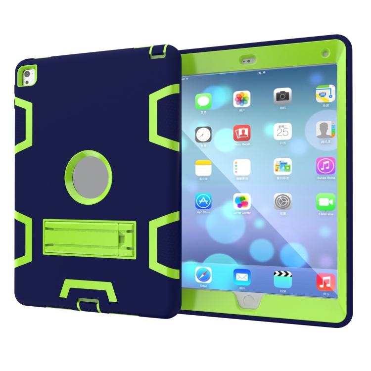 For iPad 9.7(2017) Shockproof PC + Silicone Protective Case，with Holder(Navy Blue Yellow Green) - 1