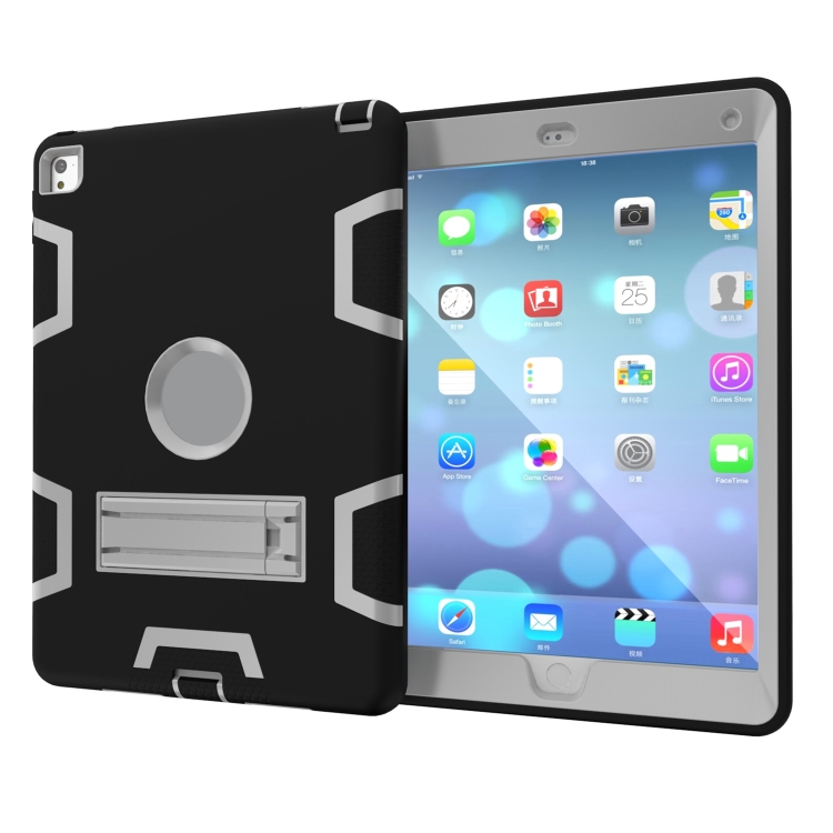 For iPad 9.7(2017) Shockproof PC + Silicone Protective Case，with Holder(Black Gray) - 1