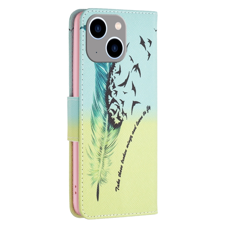For iPhone 15 Plus Colored Drawing Pattern Leather Phone Case(Feather) For iPhone 15 Plus Colored Drawing Pattern Leather Phone Case(Feather)