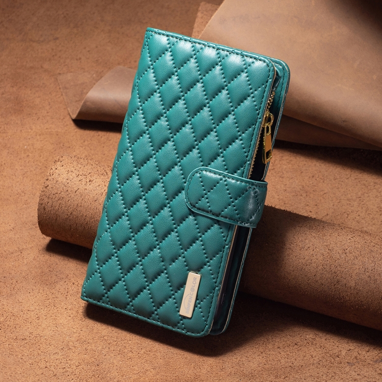 For iPhone 16 Pro Diamond Lattice Zipper Wallet Leather Flip Phone Case(Green)