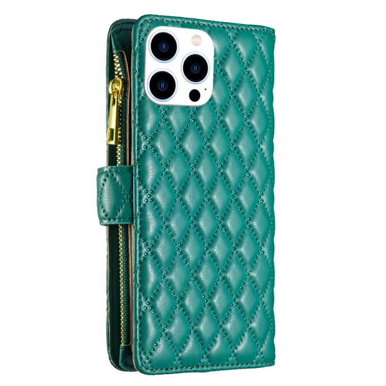 For iPhone 16 Pro Diamond Lattice Zipper Wallet Leather Flip Phone Case(Green)