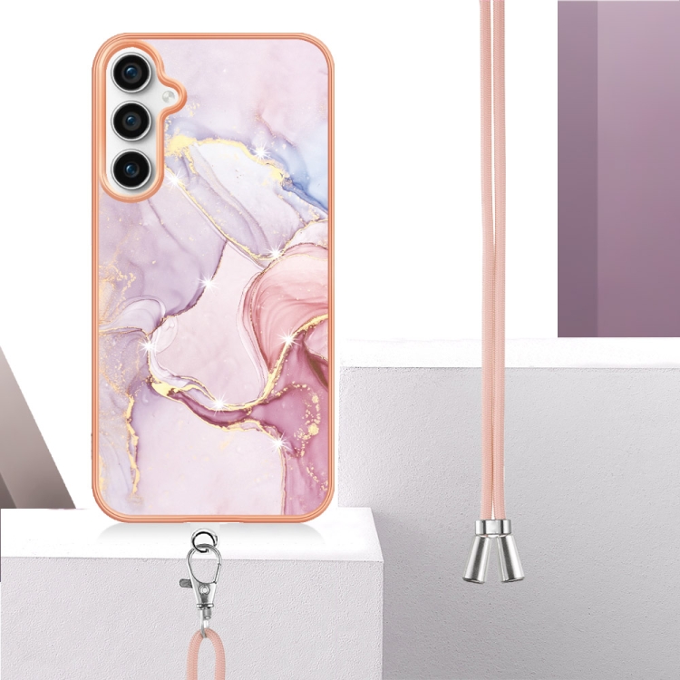 For Samsung Galaxy S23 FE 5G Electroplating Marble Dual-side IMD Phone Case with Lanyard(Rose Gold 005)