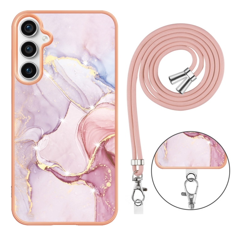 For Samsung Galaxy S23 FE 5G Electroplating Marble Dual-side IMD Phone Case with Lanyard(Rose Gold 005)
