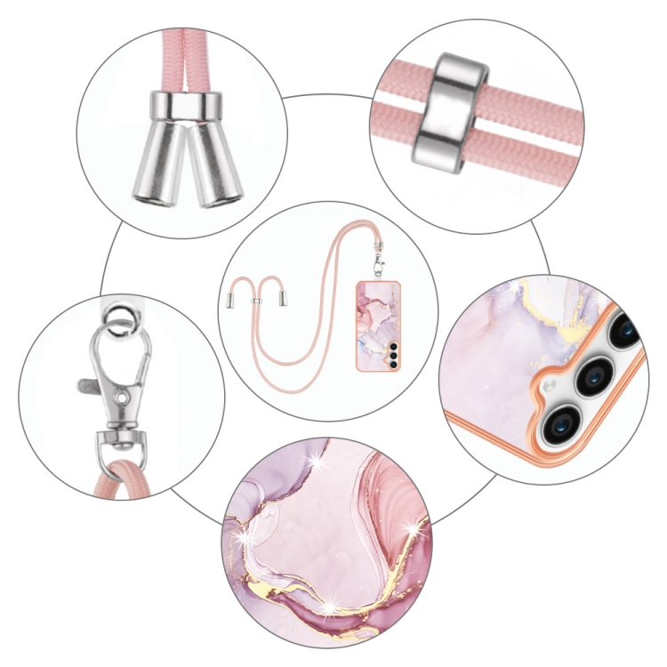 For Samsung Galaxy S23 FE 5G Electroplating Marble Dual-side IMD Phone Case with Lanyard(Rose Gold 005)