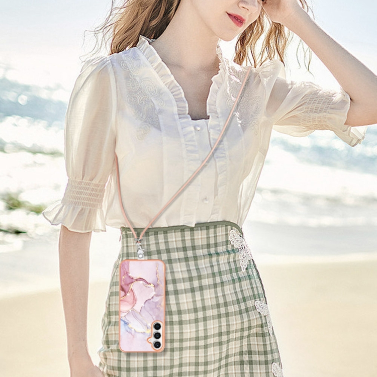 For Samsung Galaxy S23 FE 5G Electroplating Marble Dual-side IMD Phone Case with Lanyard(Rose Gold 005)