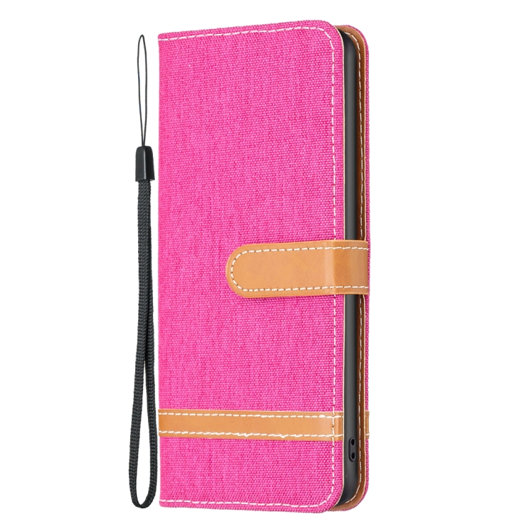 For iPhone 15 Plus Color Block Denim Texture Leather Phone Case(Rose Red) For iPhone 15 Plus Color Block Denim Texture Leather Phone Case(Rose Red)