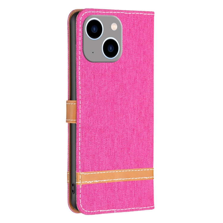 For iPhone 15 Plus Color Block Denim Texture Leather Phone Case(Rose Red) For iPhone 15 Plus Color Block Denim Texture Leather Phone Case(Rose Red)