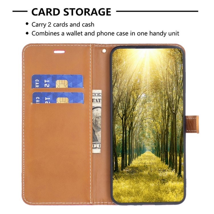 For iPhone 15 Plus Color Block Denim Texture Leather Phone Case(Rose Red) For iPhone 15 Plus Color Block Denim Texture Leather Phone Case(Rose Red)