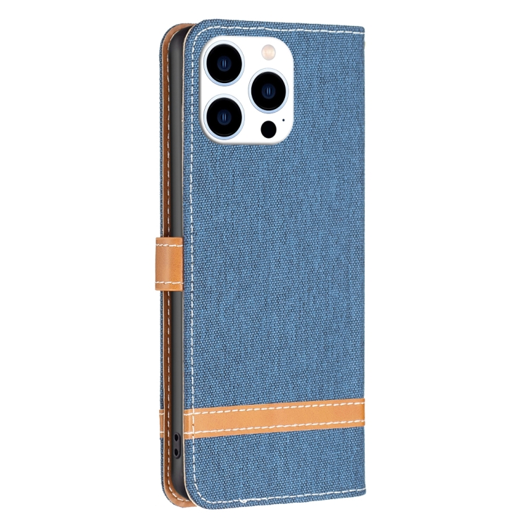 For iPhone 16 Pro Color Block Denim Texture Leather Phone Case(Dark Blue) For iPhone 16 Pro Color Block Denim Texture Leather Phone Case(Dark Blue)