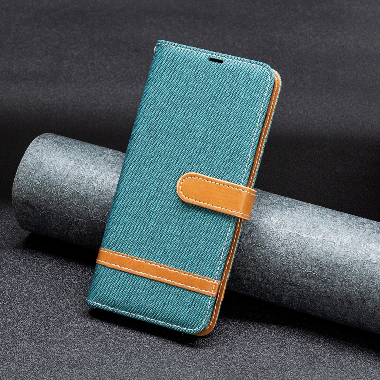 For iPhone 16 Plus Color Block Denim Texture Leather Phone Case(Green) For iPhone 16 Plus Color Block Denim Texture Leather Phone Case(Green)