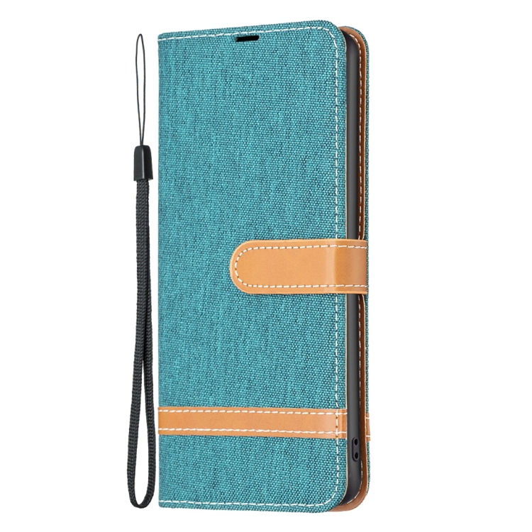 For iPhone 16 Plus Color Block Denim Texture Leather Phone Case(Green) For iPhone 16 Plus Color Block Denim Texture Leather Phone Case(Green)