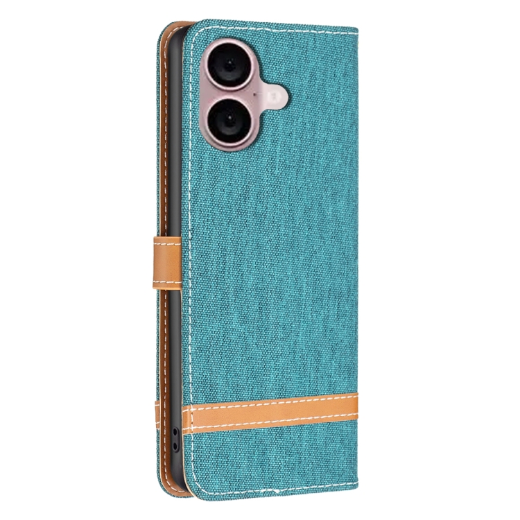 For iPhone 16 Plus Color Block Denim Texture Leather Phone Case(Green) For iPhone 16 Plus Color Block Denim Texture Leather Phone Case(Green)