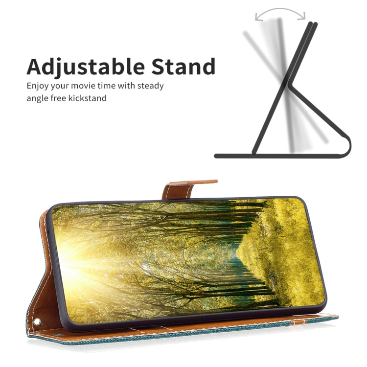 For iPhone 16 Plus Color Block Denim Texture Leather Phone Case(Green) For iPhone 16 Plus Color Block Denim Texture Leather Phone Case(Green)