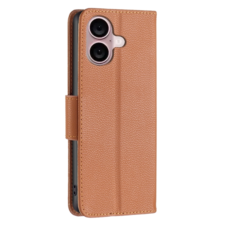 For iPhone 16 Plus Litchi Texture Pure Color Flip Leather Phone Case(Brown)
