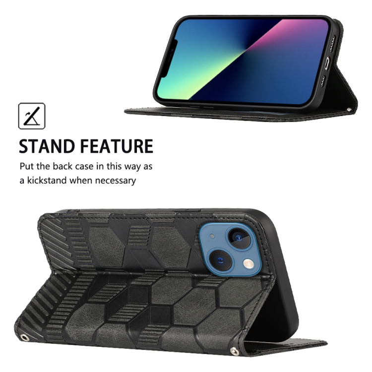 For iPhone 15 Plus Football Texture Magnetic Leather Flip Phone Case(Black)