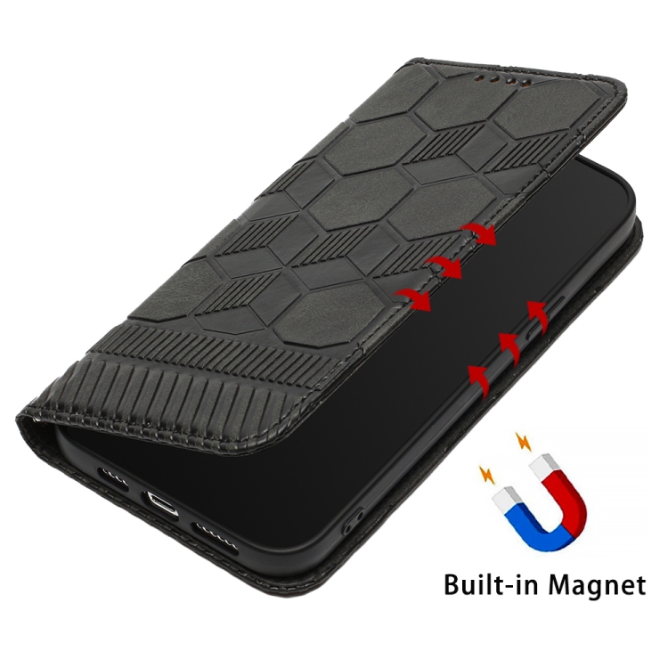 For iPhone 15 Plus Football Texture Magnetic Leather Flip Phone Case(Black)