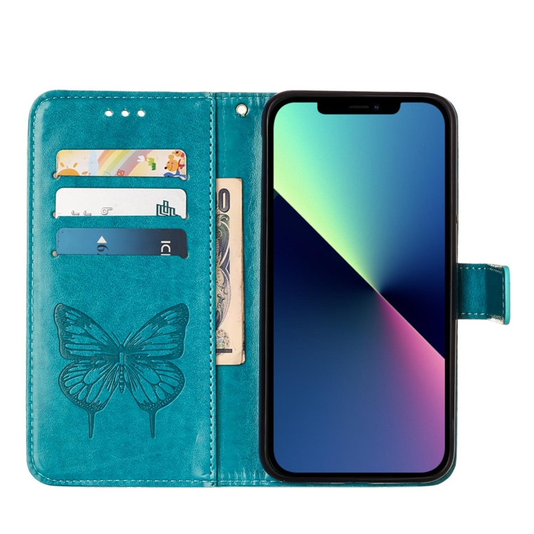 For iPhone 15 Plus Embossed Butterfly Leather Phone Case(Blue) For iPhone 15 Plus Embossed Butterfly Leather Phone Case(Blue)