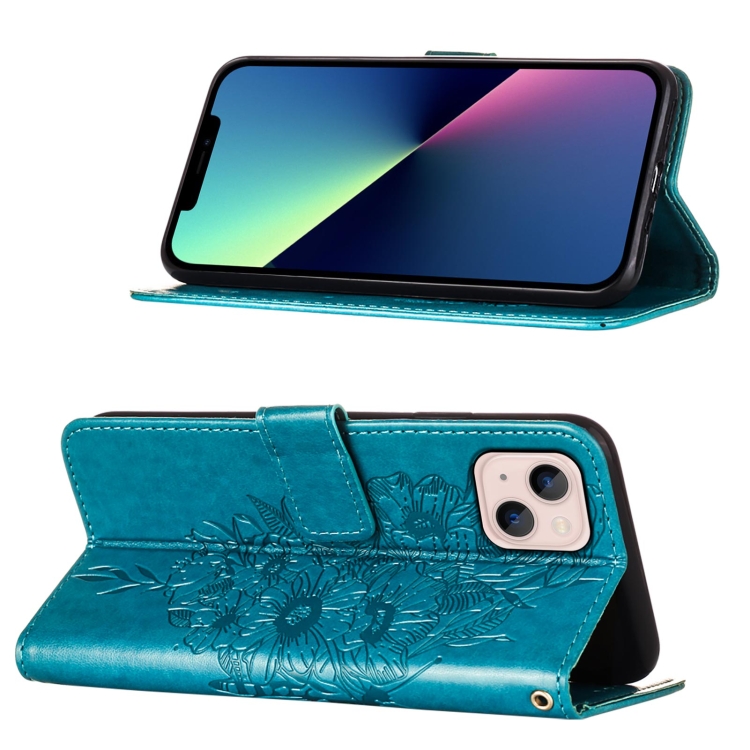 For iPhone 15 Plus Embossed Butterfly Leather Phone Case(Blue) For iPhone 15 Plus Embossed Butterfly Leather Phone Case(Blue)