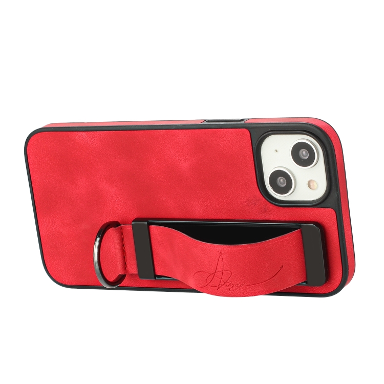 For iPhone 14 Plus Wristband Holder Leather Back Phone Case(Red) For iPhone 14 Plus Wristband Holder Leather Back Phone Case(Red)