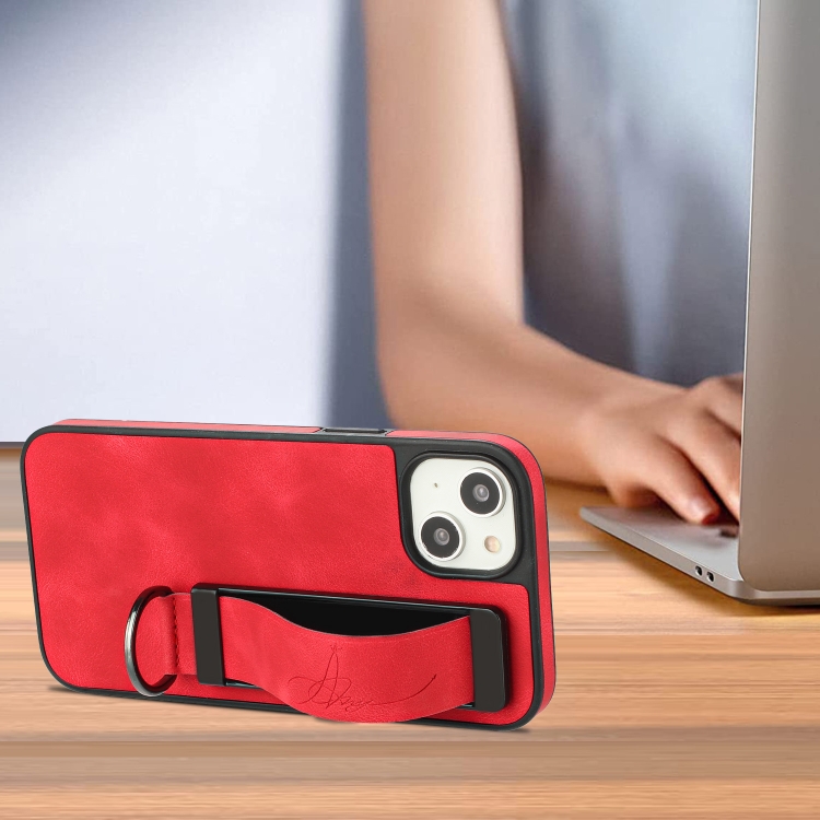 For iPhone 14 Plus Wristband Holder Leather Back Phone Case(Red) For iPhone 14 Plus Wristband Holder Leather Back Phone Case(Red)