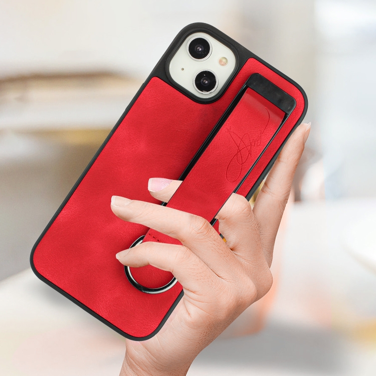 For iPhone 14 Plus Wristband Holder Leather Back Phone Case(Red) For iPhone 14 Plus Wristband Holder Leather Back Phone Case(Red)