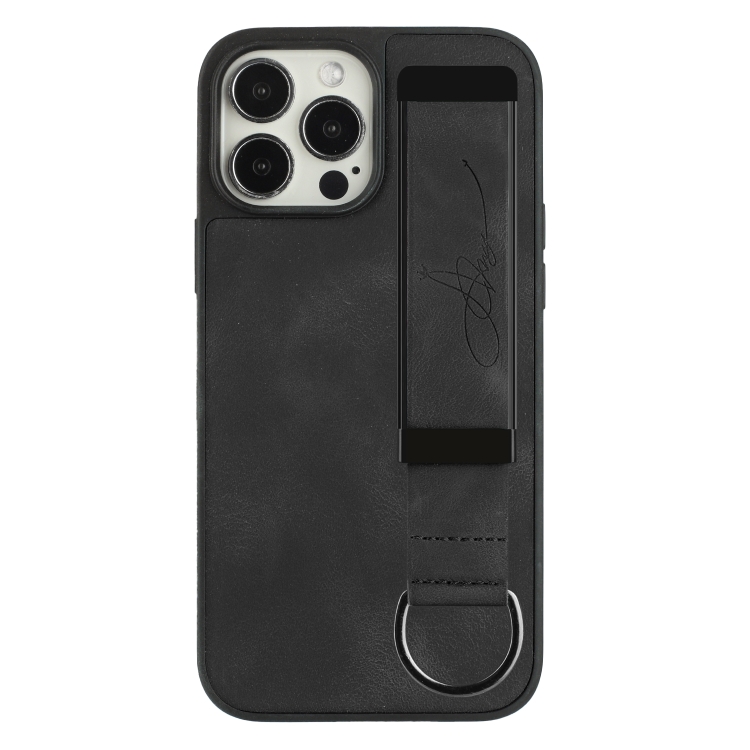 For iPhone 13 Pro Max Wristband Holder Leather Back Phone Case(Black) For iPhone 13 Pro Max Wristband Holder Leather Back Phone Case(Black)