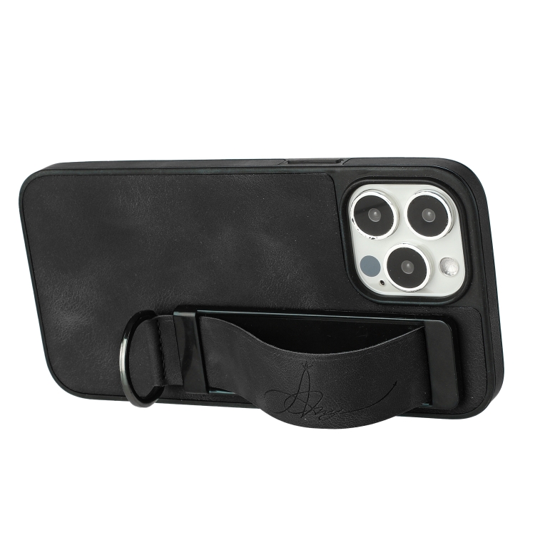 For iPhone 13 Pro Max Wristband Holder Leather Back Phone Case(Black) For iPhone 13 Pro Max Wristband Holder Leather Back Phone Case(Black)