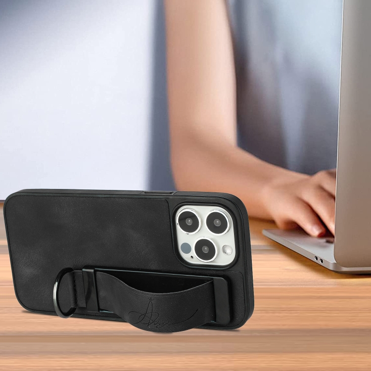 For iPhone 13 Pro Max Wristband Holder Leather Back Phone Case(Black) For iPhone 13 Pro Max Wristband Holder Leather Back Phone Case(Black)