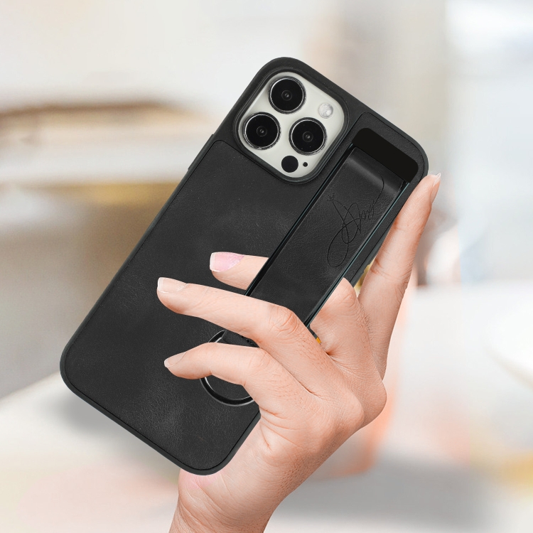For iPhone 13 Pro Max Wristband Holder Leather Back Phone Case(Black) For iPhone 13 Pro Max Wristband Holder Leather Back Phone Case(Black)