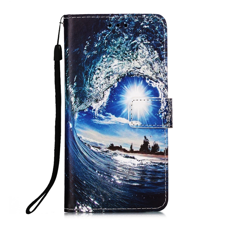 For iPhone 15 Plus Colored Drawing Pattern Plain Weave Leather Phone Case(Waves And Sun) For iPhone 15 Plus Colored Drawing Pattern Plain Weave Leather Phone Case(Waves And Sun)
