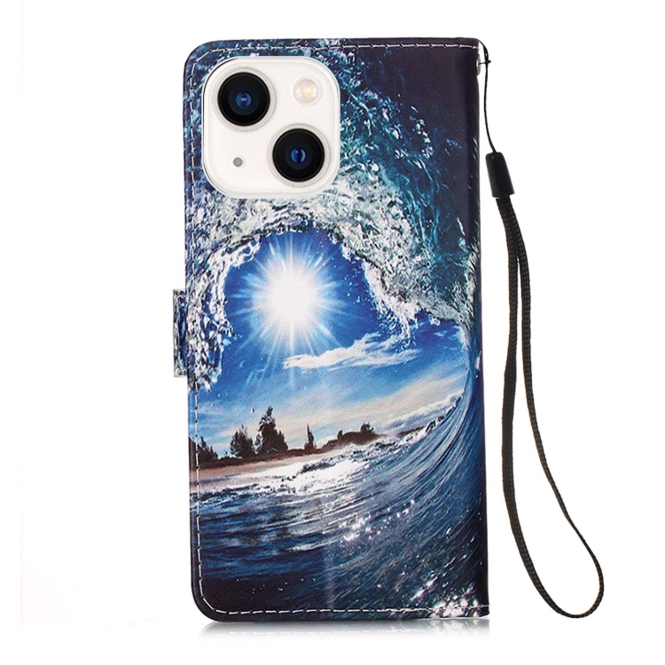 For iPhone 15 Plus Colored Drawing Pattern Plain Weave Leather Phone Case(Waves And Sun) For iPhone 15 Plus Colored Drawing Pattern Plain Weave Leather Phone Case(Waves And Sun)
