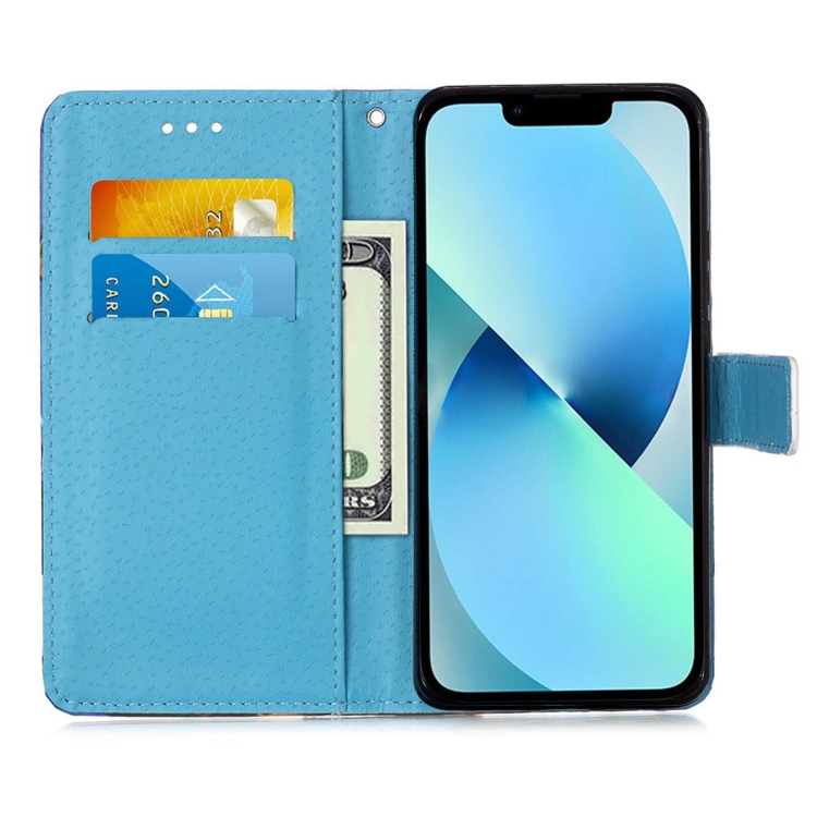 For iPhone 15 Plus Colored Drawing Pattern Plain Weave Leather Phone Case(Waves And Sun) For iPhone 15 Plus Colored Drawing Pattern Plain Weave Leather Phone Case(Waves And Sun)