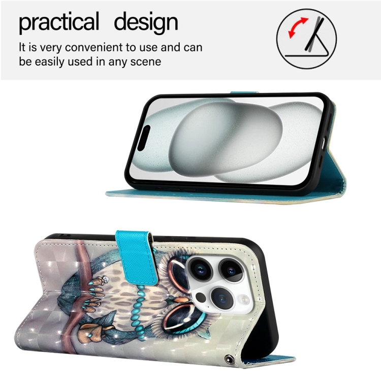 For iPhone 16 Pro 3D Painting Horizontal Flip Leather Phone Case(Grey Owl) For iPhone 16 Pro 3D Painting Horizontal Flip Leather Phone Case(Grey Owl)