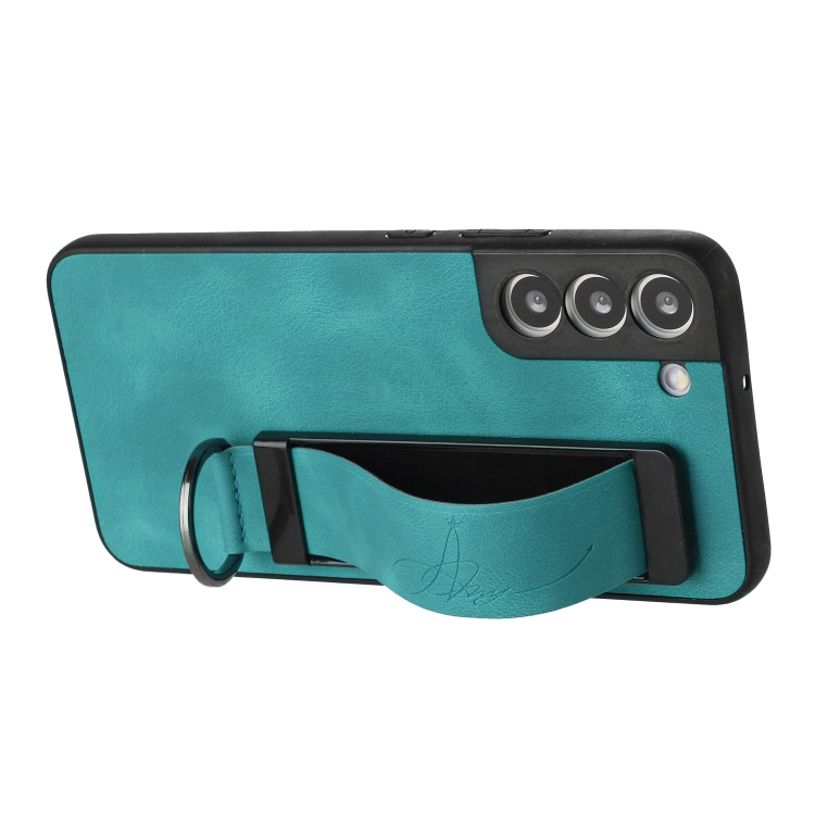 For Samsung Galaxy S21 5G Wristband Holder Leather Back Phone Case(Green) For Samsung Galaxy S21 5G Wristband Holder Leather Back Phone Case(Green)