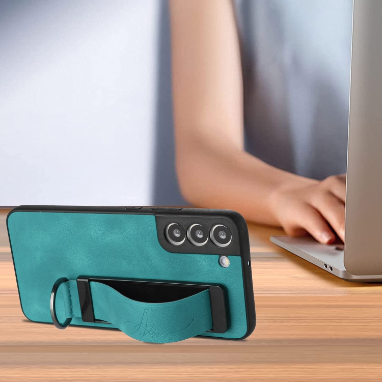 For Samsung Galaxy S21 5G Wristband Holder Leather Back Phone Case(Green) For Samsung Galaxy S21 5G Wristband Holder Leather Back Phone Case(Green)
