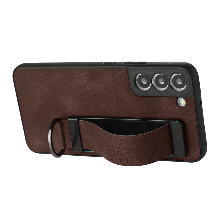 For Samsung Galaxy S22 5G Wristband Holder Leather Back Phone Case(Coffee) For Samsung Galaxy S22 5G Wristband Holder Leather Back Phone Case(Coffee)