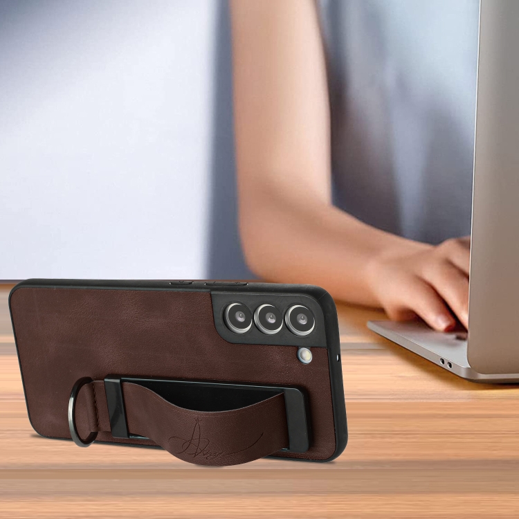 For Samsung Galaxy S22 5G Wristband Holder Leather Back Phone Case(Coffee) For Samsung Galaxy S22 5G Wristband Holder Leather Back Phone Case(Coffee)