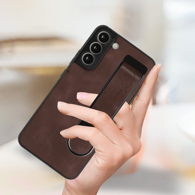 For Samsung Galaxy S22 5G Wristband Holder Leather Back Phone Case(Coffee) For Samsung Galaxy S22 5G Wristband Holder Leather Back Phone Case(Coffee)