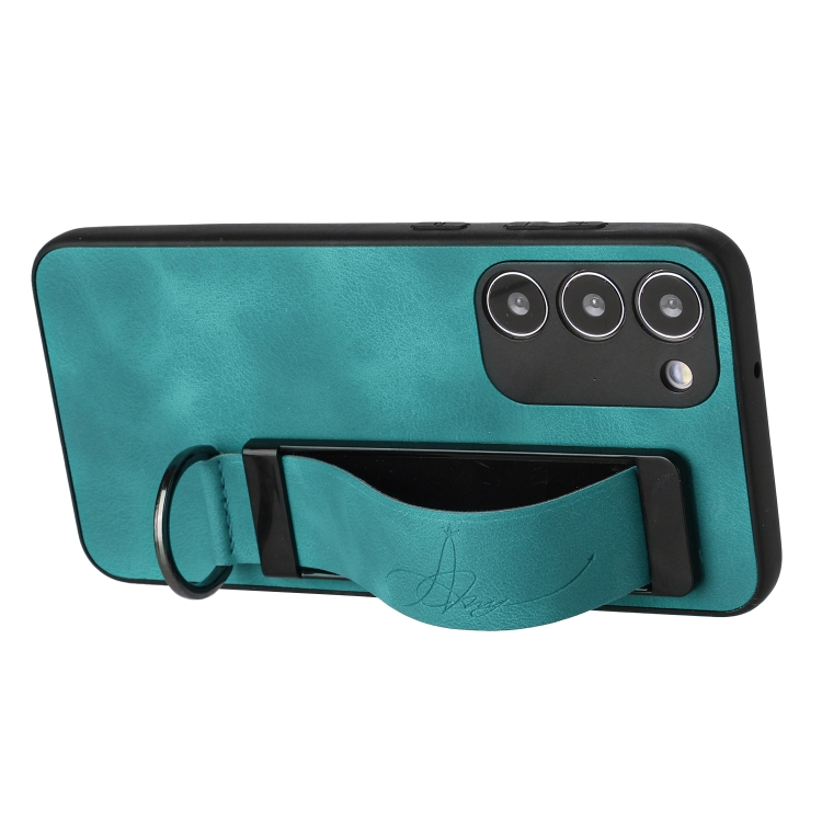For Samsung Galaxy S23 5G Wristband Holder Leather Back Phone Case(Green) For Samsung Galaxy S23 5G Wristband Holder Leather Back Phone Case(Green)